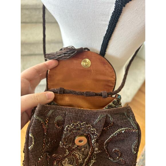 Vintage Marco Avane Brown Tapestry Beaded Pouch Fringe Crossbody - Picture 5 of 7
